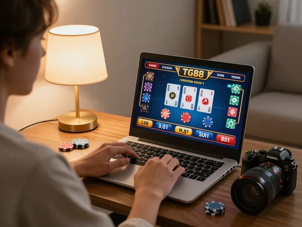 Player engaged in TG88 online casino gaming, displaying cards and chips on a laptop.