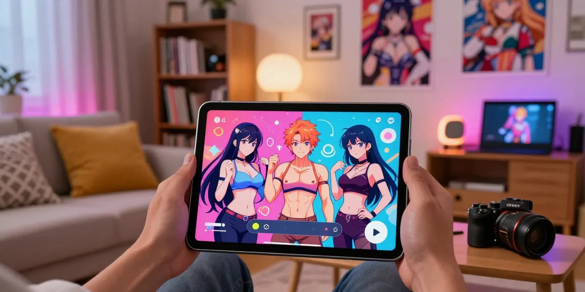 Engaging in ai hentai chat on a tablet in a cozy setting with vibrant character animations.