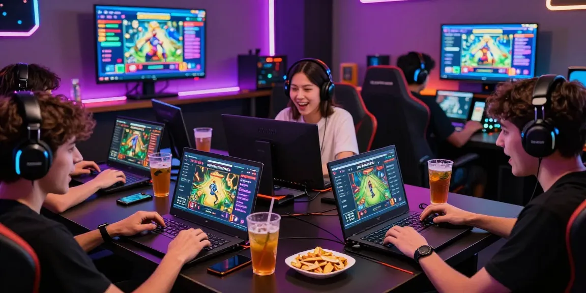 Excited players engaging with ngamenjitu online gaming on multiple devices in a vibrant lounge environment.