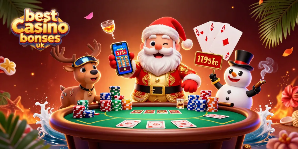 Discover the best casino bonuses UK with a vibrant casino scene featuring Santa, reindeer, and snowman.