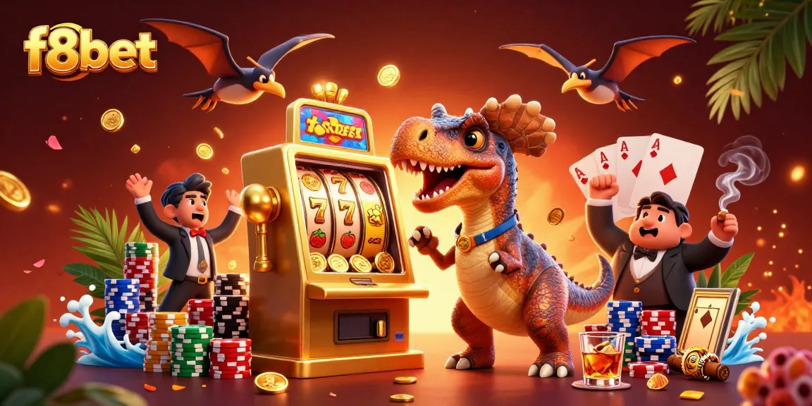 f8bet's amazing pachycephalosaurus celebrating a big slot machine win with flying coins