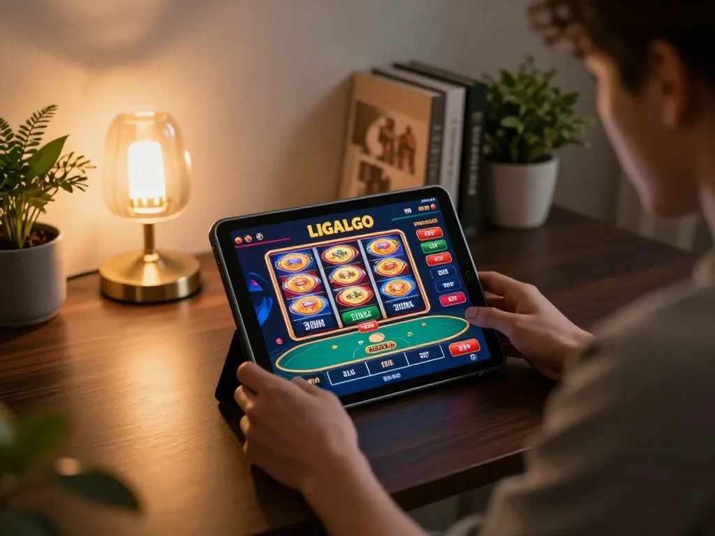 LIGALGO user engaging in exciting online casino gaming on a tablet with vibrant visuals.