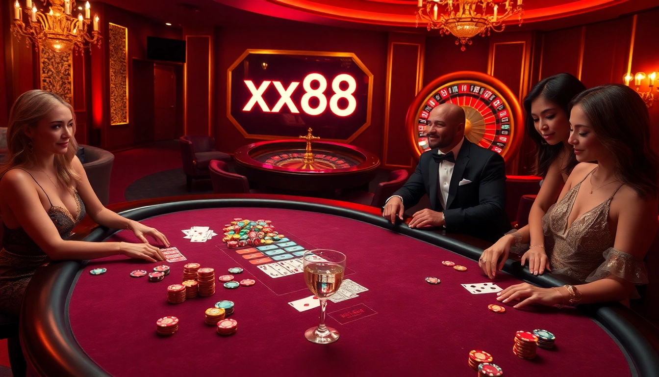 Glamorous casino scene at xx88 with poker table and vibrant chips, highlighting excitement.