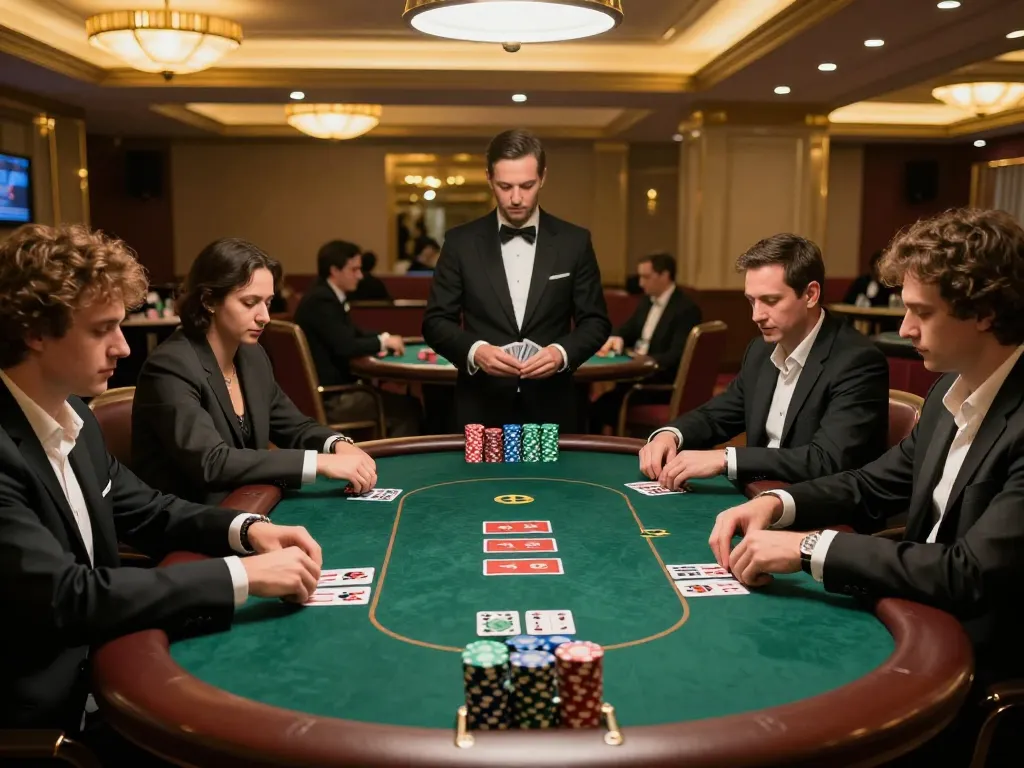 Poker88 Alternatif Link features an intense poker game with players calculating their moves at a luxurious table.