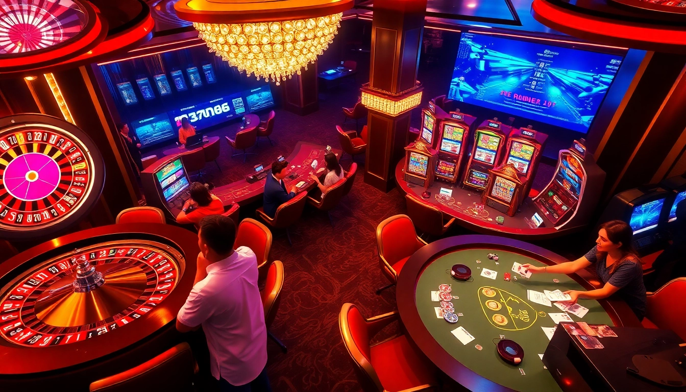 Engaging scene of rr88 casino with players at roulette and poker tables, infused with excitement and luxury.