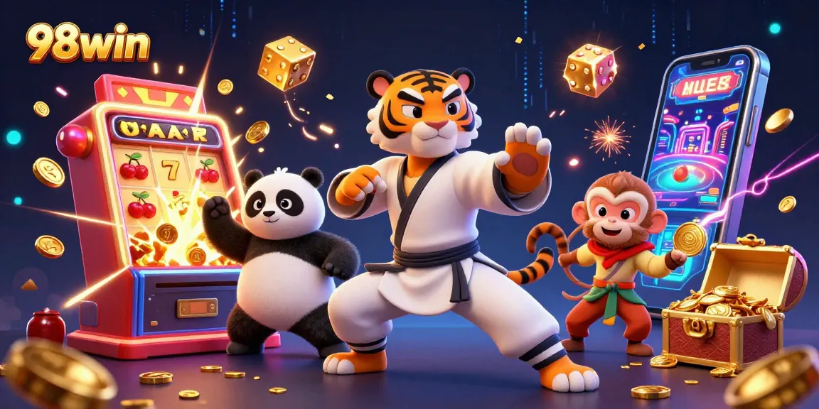 Engage with 98win's vibrant gaming universe showcasing a kung fu tiger and friends around exciting casino elements.