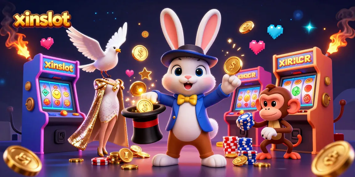 XINSLOT showcases a lively 3D casino scene with cartoon characters, vibrant game elements, and a festive atmosphere.
