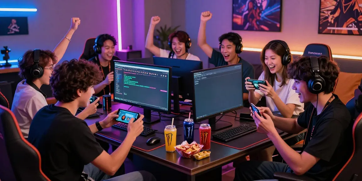 Excited gamers enjoying ORION88 mobile games in a lively atmosphere