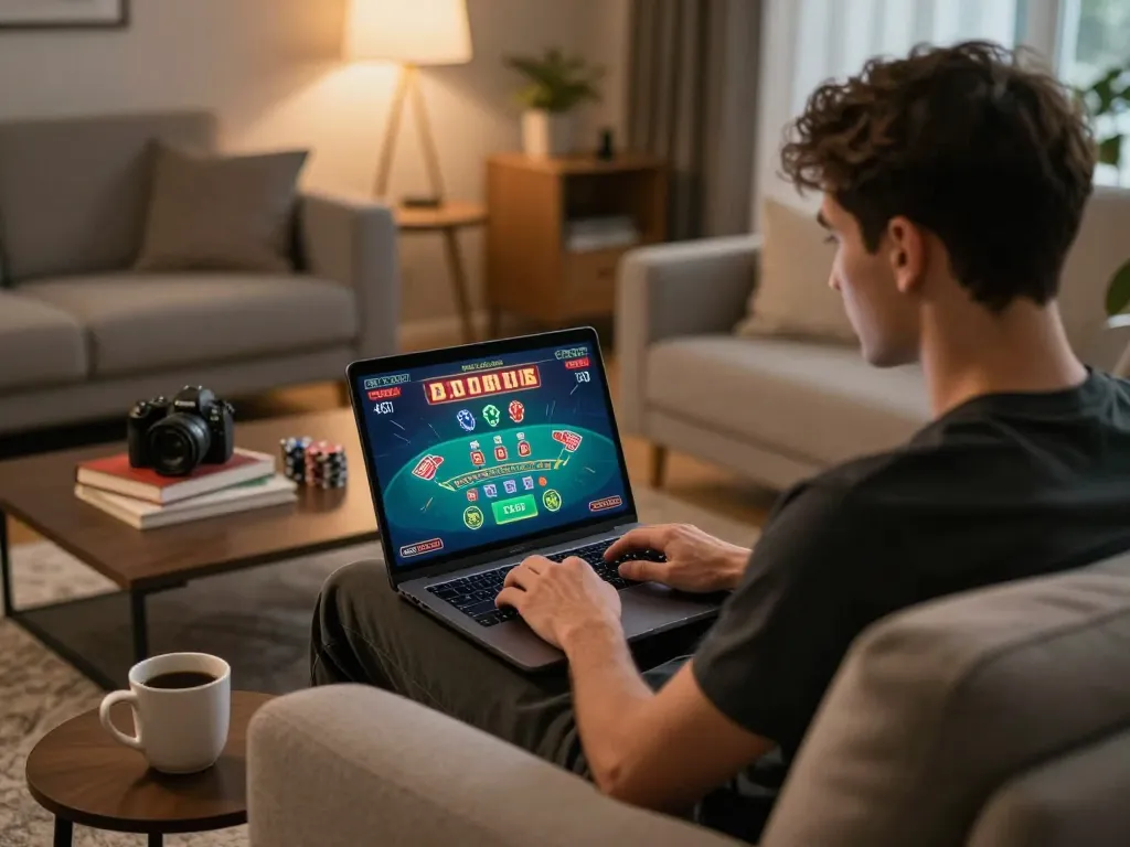 Pengguna Pakibanks bermain permainan blackjack online yang menarik di setting ruang tamu yang nyaman.