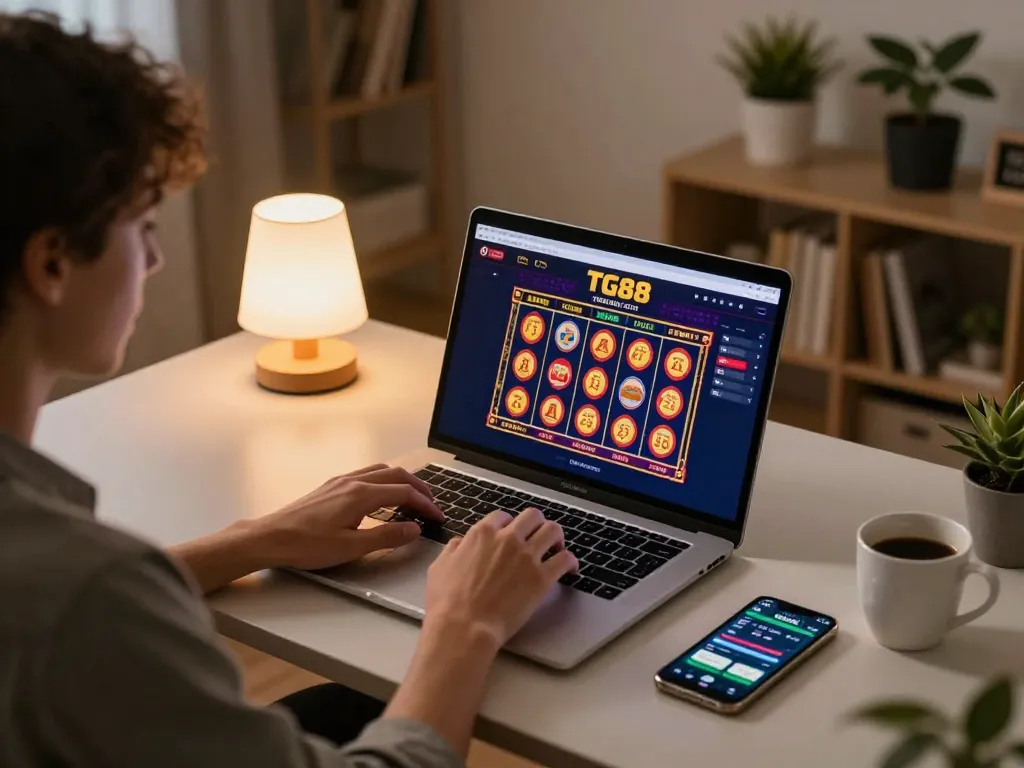 Player engaging with TG88 online casino interface at home, showcasing a cozy gaming setup featuring laptop and smartphone.