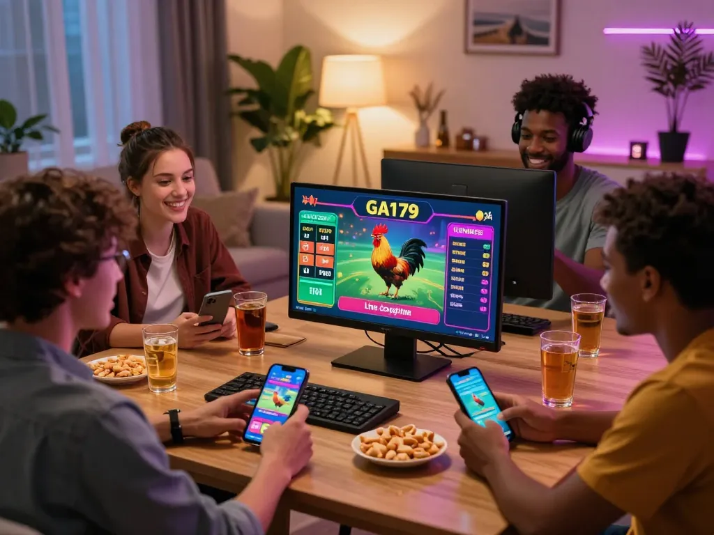 Friends enjoying online betting on Ga179 in a lively living room.