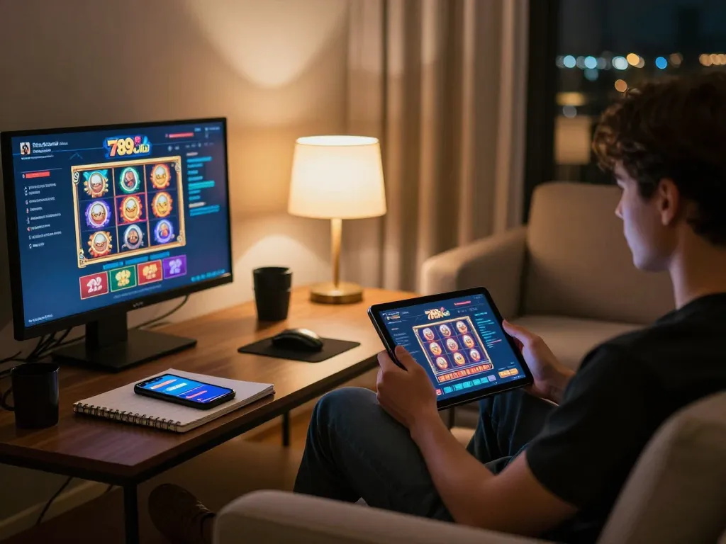 Engaging gameplay on 789club tablet in cozy home setup with ambient lighting