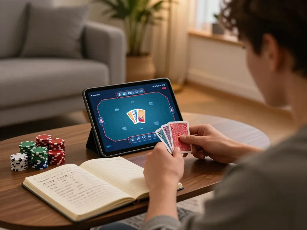 Player strategizing their next move at lc88 com poker game on a tablet in a cozy home.