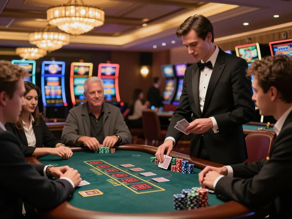 Experience the thrill of 789 win at a glamorous blackjack table with engaged players strategizing bets.