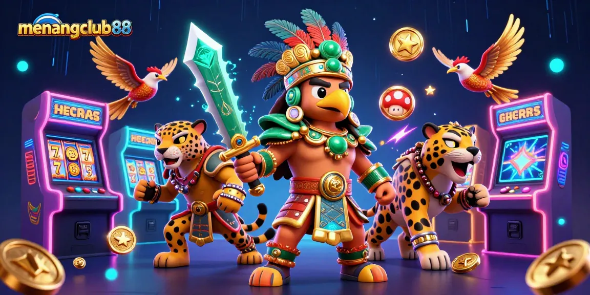 Experience the excitement of menangclub88 with an Aztec warrior and slot machine adventure.