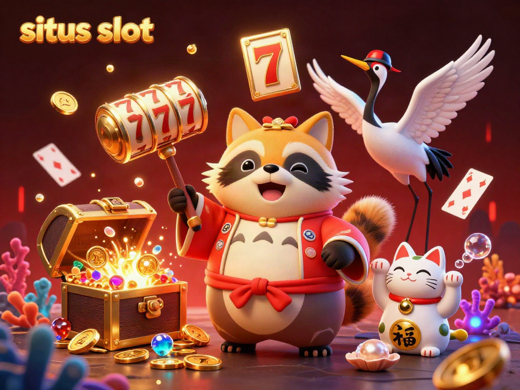 Ilustrasi 3D slot situs slot yang menampilkan tanuki lucu di festival Jepang dengan simbol keberuntungan di sekelilingnya.
