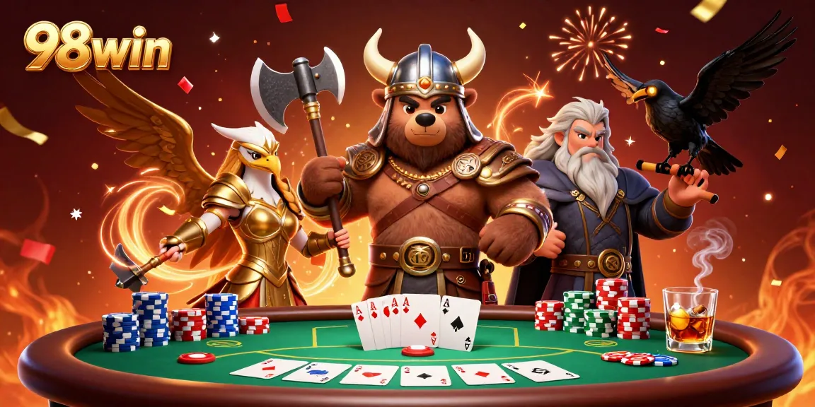 Engage in thrilling poker with 98win, featuring a Viking bear and Valkyrie as champions.