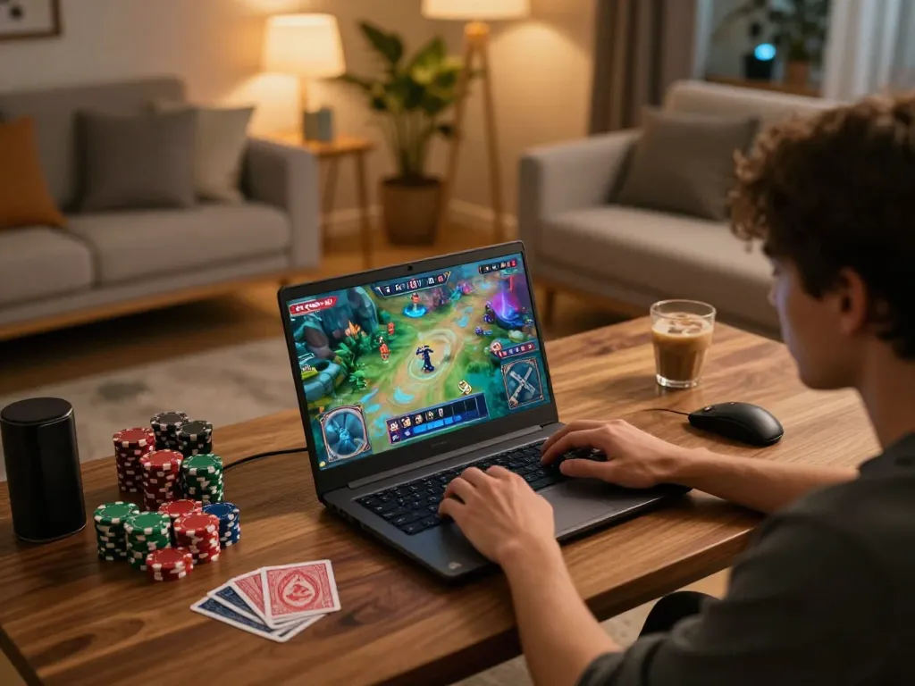Engaged player enjoying Fafa 828 online gaming experience on laptop in a cozy home setting