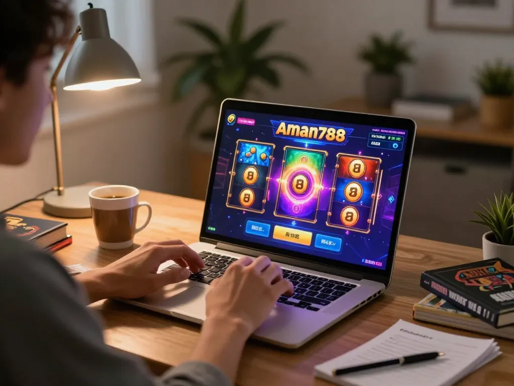 Engaging online gaming experience at aman788 with colorful slot game displayed on laptop.
