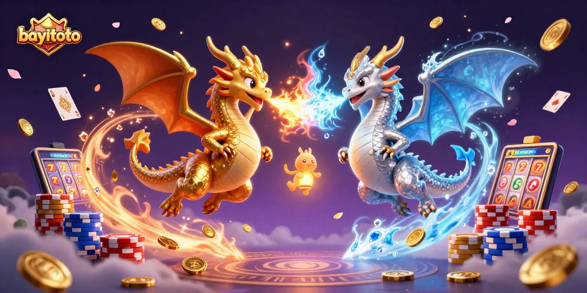 Experience the excitement of bayitoto with lively dragons amidst swirling casino elements.