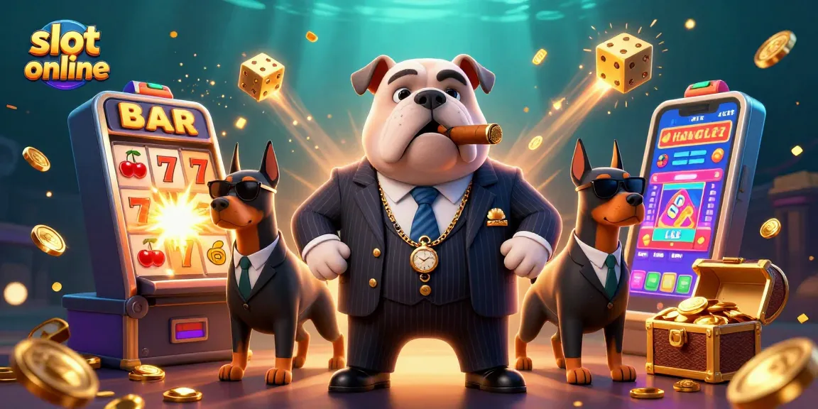 Jelajahi slot online dengan visual dinamis karakter mafia dan mesin slot megah, penuh koin emas.