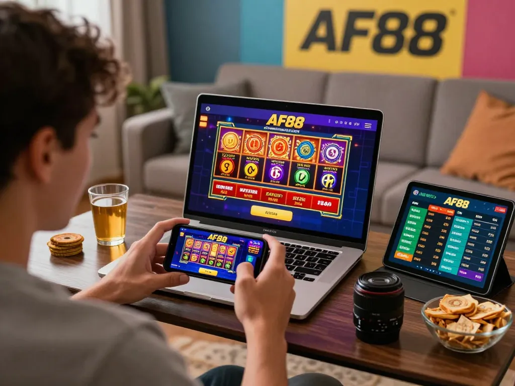 AF88 đăng nhập interface displayed on smartphone in an inviting living room, showcasing exciting online betting options.
