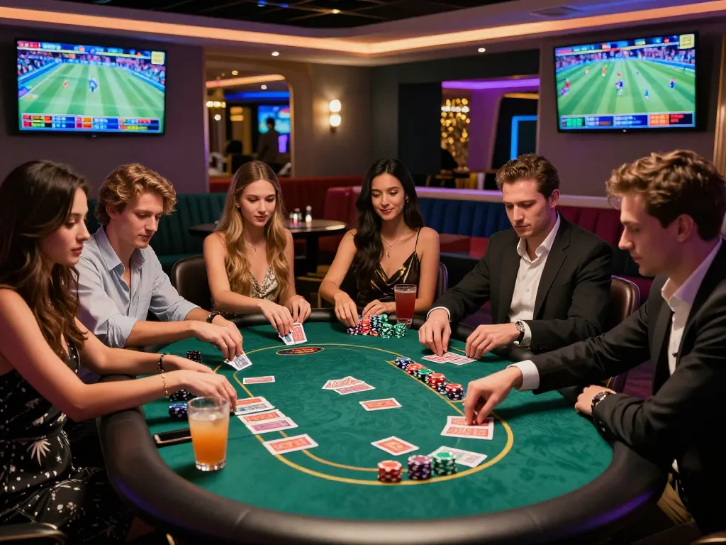 Exciting gambling scene of friends playing games at TV88 đăng nhập in vibrant casino environment.