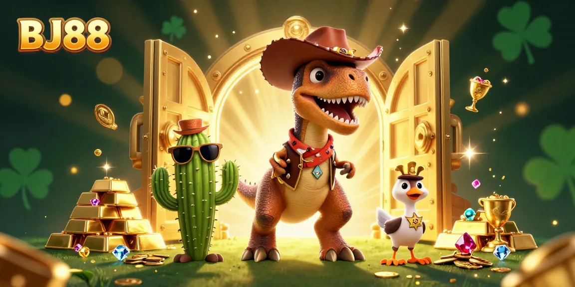 Engage with BJ88’s thrilling casino adventure featuring a T-Rex and treasure elements.