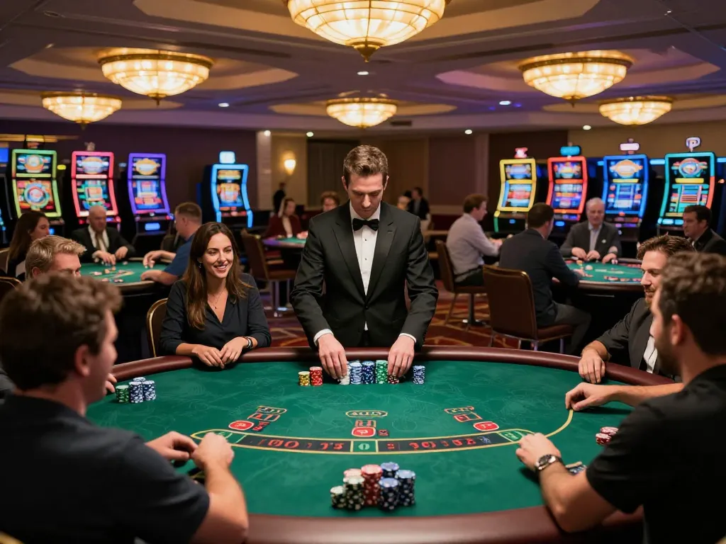 KJC members enjoying competitive blackjack at a vibrant casino floor with dealers managing games.