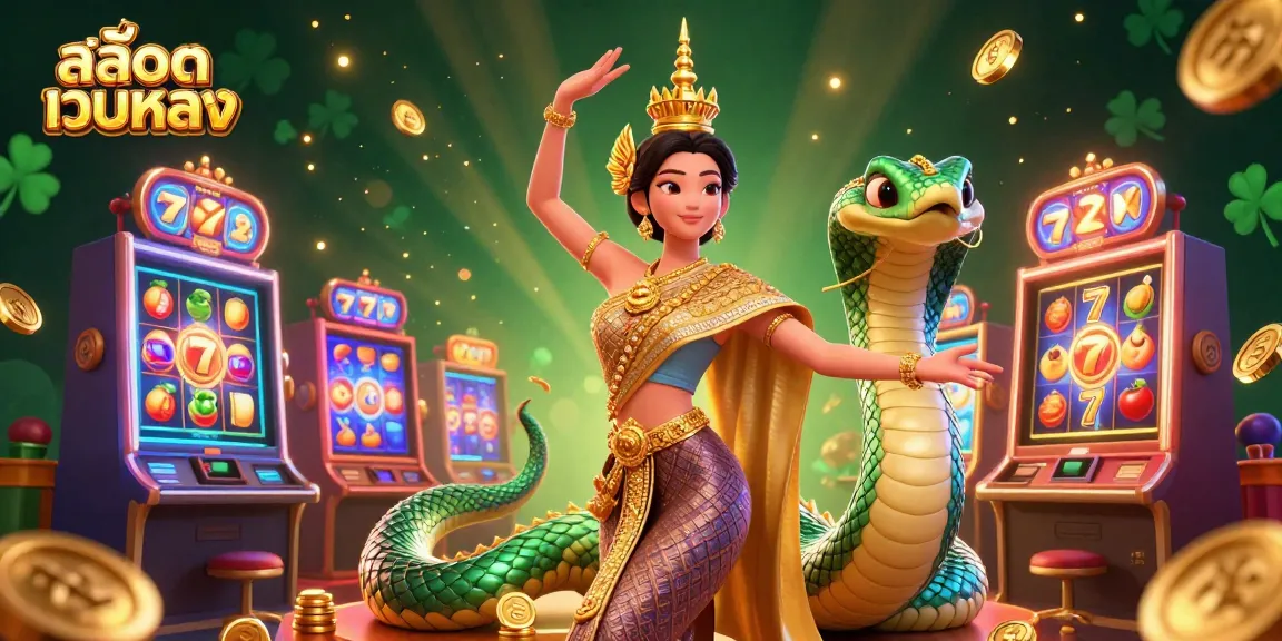 สัมผัสกับบรรยากาศคาสิโน สล็อตเว็บตรง ที่มีสีสัน โดยมีผู้หญิงไทยเต้นรำ, งูนาคา, และสล็อตแมชชีนที่ส่องแสงอยู่