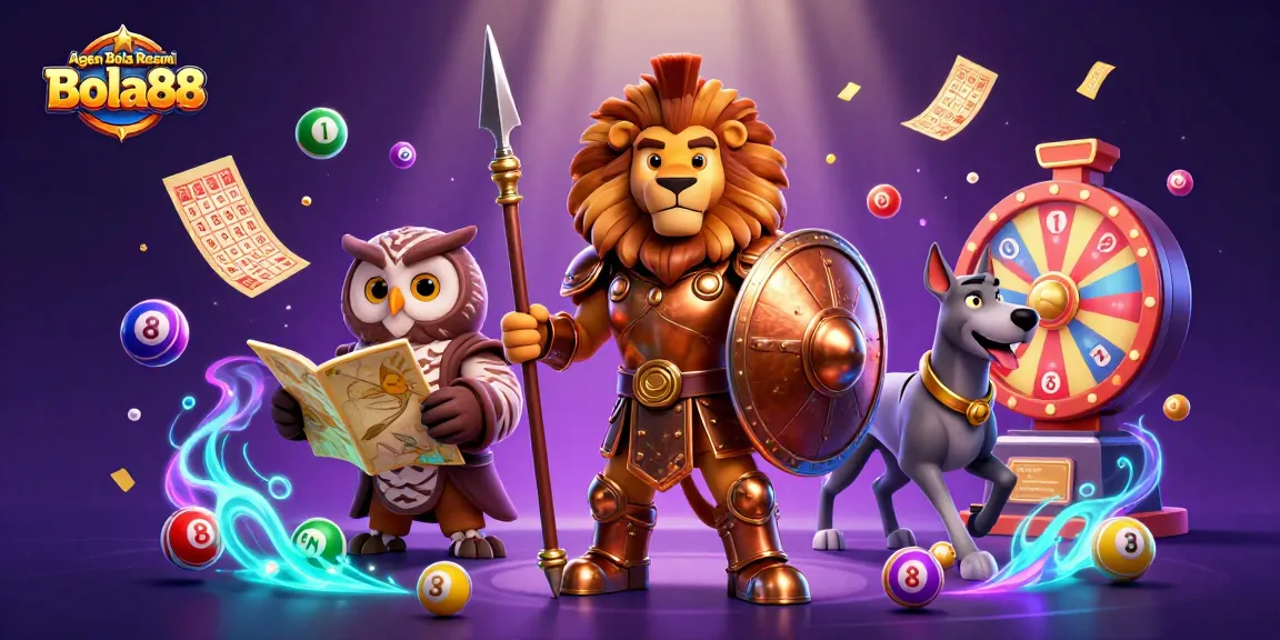 Agen Bola Resmi Bola88 showcases an exciting lottery theme with vibrant balls and characters promoting gambling engagement.
