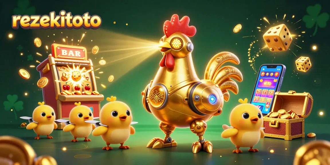 Join the excitement at rezekitoto with a dynamic 3D illustration of a golden rooster robot and gaming elements.