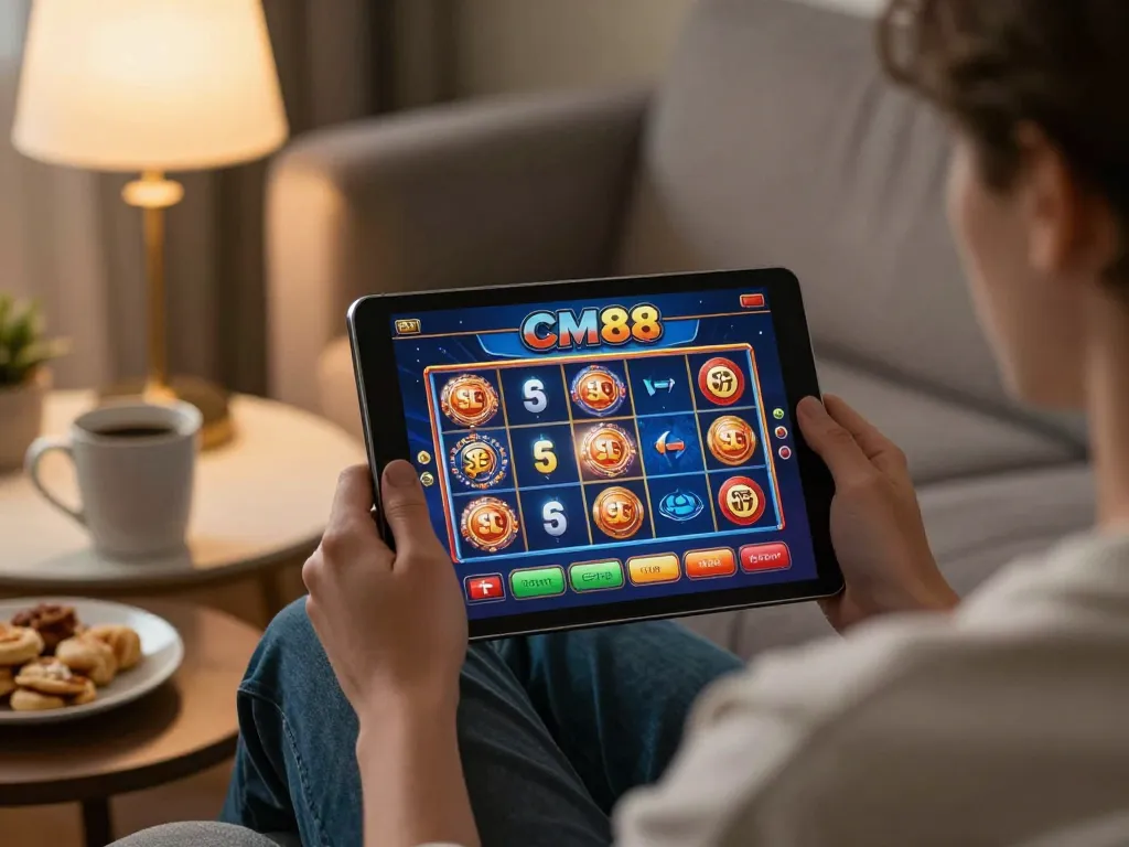 Engaging in CM88 mobile gaming on a cozy sofa, showcasing vibrant slots and responsible play.
