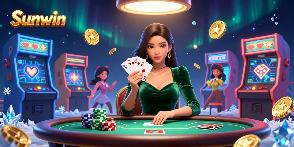 Sunwin poker scene showcasing a beautiful Asian woman strategizing her game with vibrant casino elements.