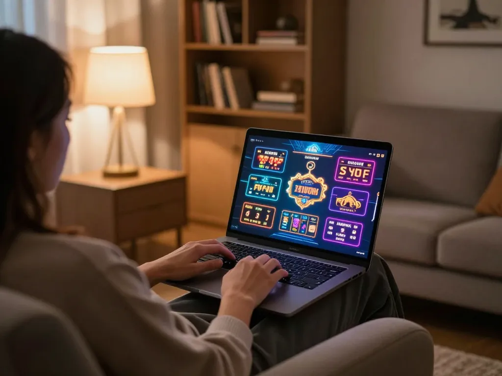 Engaging online gaming session at https://sc88.casino/ with cozy home setup and colorful casino graphics