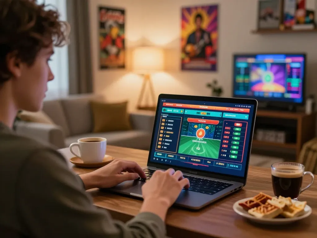 8xbet sports betting underway on a laptop in a cozy home setting with vibrant graphics.
