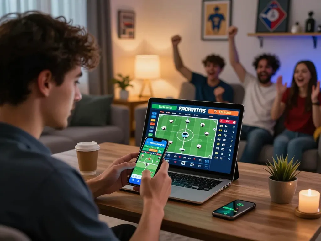 Bsport user placing bets on a smartphone while tracking live odds on a tablet during an exciting sports event.
