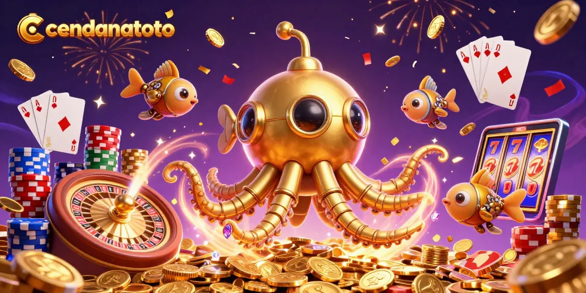 Cendanatoto features a dynamic cartoon scene celebrating gambling wins with a magical kraken and mechanical fish.