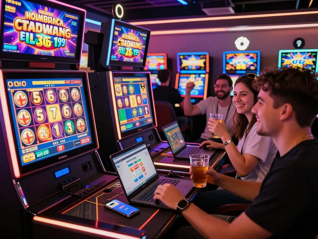Suasana permainan slot784 yang mendebarkan dengan pemain merayakan kemenangan di slot online.