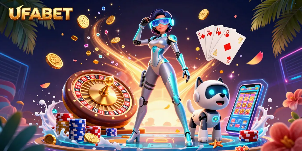 Experience UFABET's vibrant casino atmosphere with dynamic gaming elements and futuristic characters.