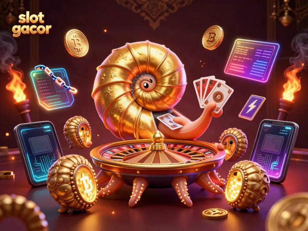 Experience the thrills of slot gacor with this stunning 3D casino scene featuring a giant nautilus and crypto elements.