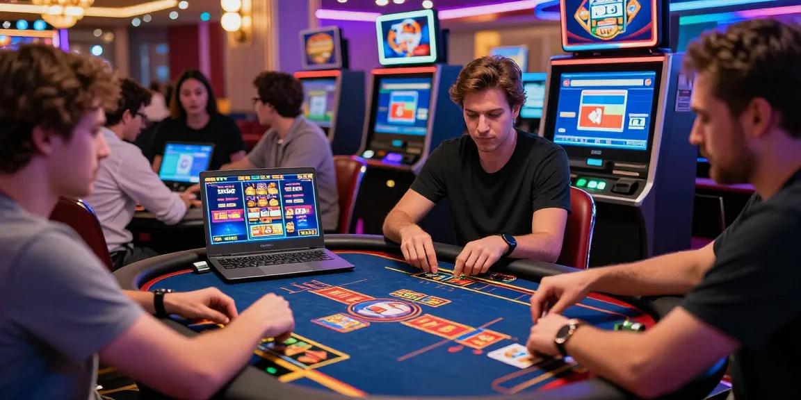 Exciting gaming scene at visa credit card casinos with vibrant players engaging at virtual tables, showcasing fast payment options.