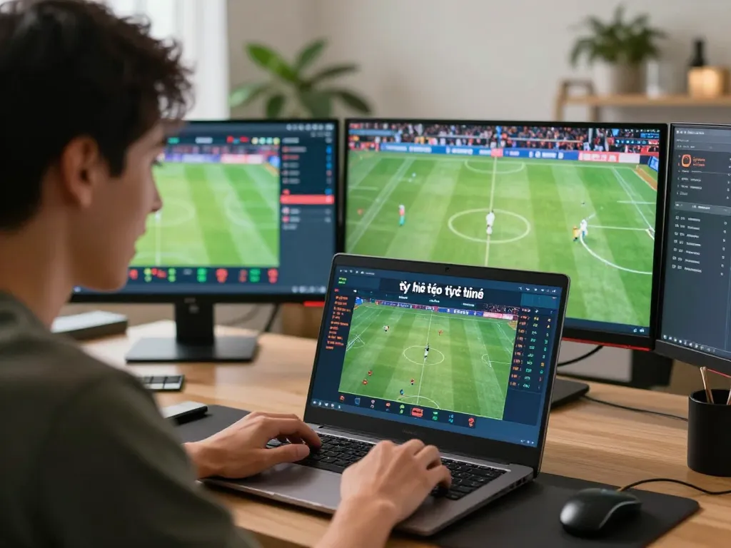 Engaged bettor analyzing tỷ lệ kèo trực tuyến on laptop and placing live sports bet