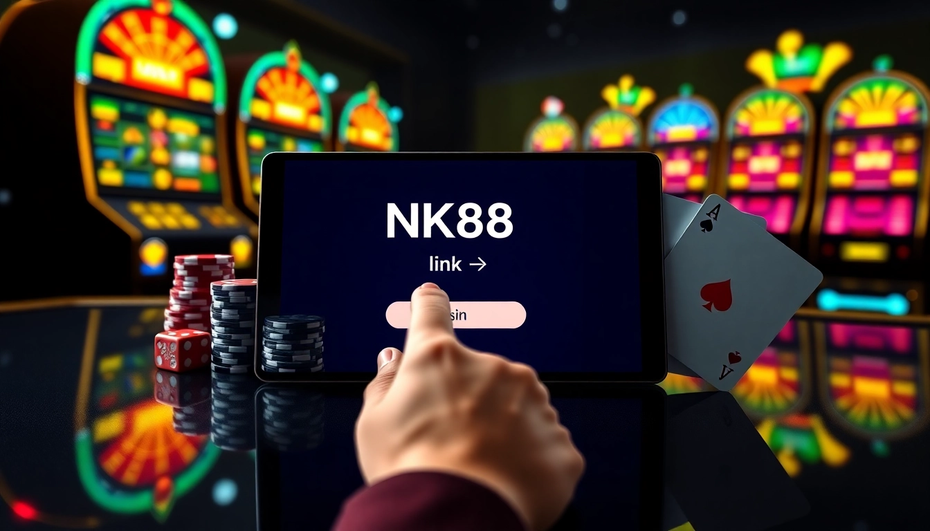 Engaging casino interface activating NK88 link with spinning roulette and poker chips