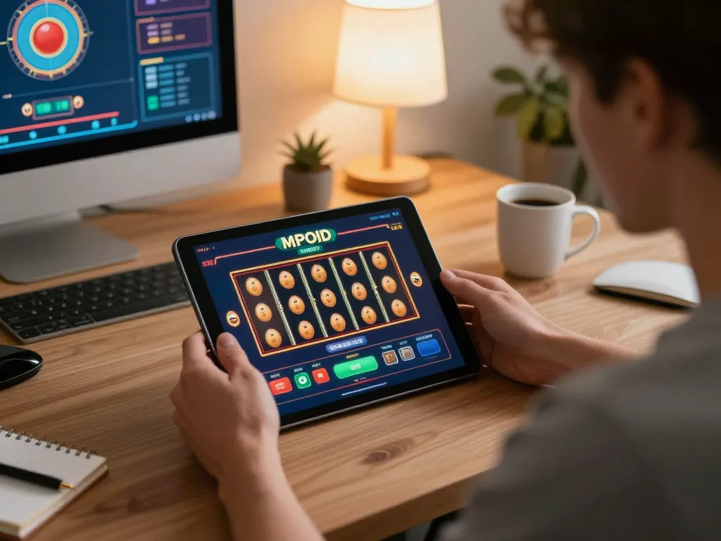 MPOID gaming interface on a tablet during an interactive online casino session in a cozy home office.
