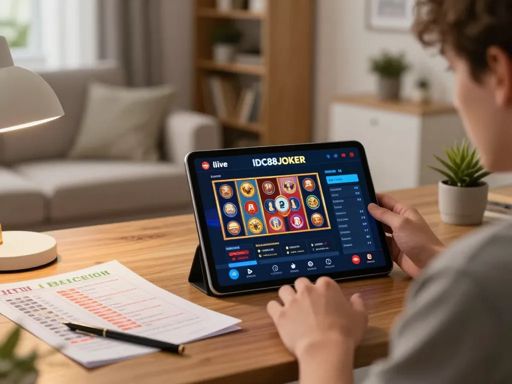 IDC88JOKER player enjoying exciting online casino slots from tablet in cozy home setting.