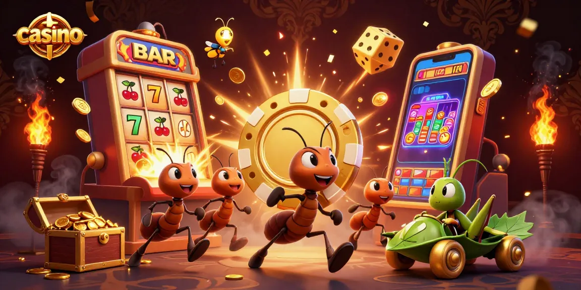 Exciting casino scene featuring ants heisting a giant poker chip, surrounded by slot machines and vibrant decorations.
