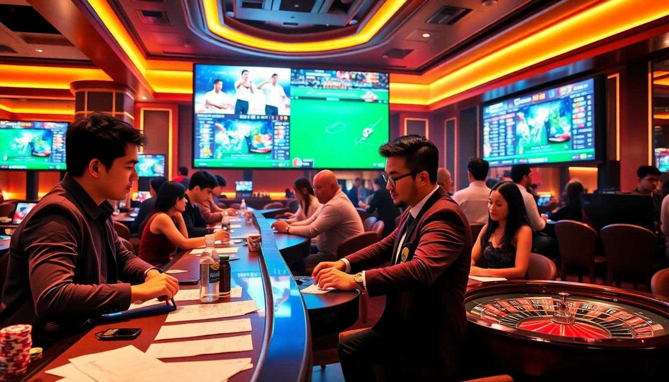 Exciting Taruhan Bola scene in a luxurious casino environment with live betting activity.