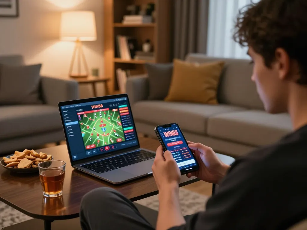 Engaged player enjoying IWIN68 mobile gaming experience in cozy home setup