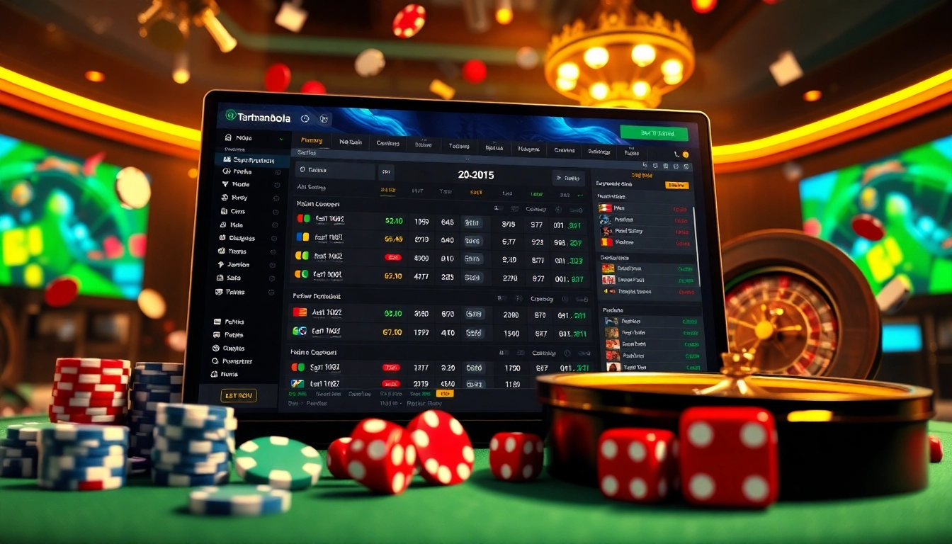 Engaging Taruhan Bola betting interface with vibrant colors and casino layout elements.